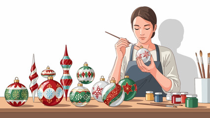 A woman meticulously hand-painting festive Christmas ornaments with intricate designs on a wooden table, surrounded by various finished and unfinished decorations.