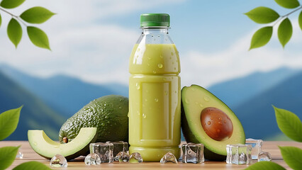 Fresh avocado juice in a clear plastic bottle with mountain scenery and bright blue sky background, refreshing natural drink concept