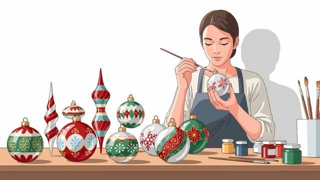 A woman meticulously hand-painting festive Christmas ornaments with intricate designs on a wooden table, surrounded by various finished and unfinished decorations.