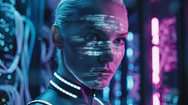 Futuristic portrait of a woman with glowing eyes and coding overlaid on her face in cool cyberpunk style