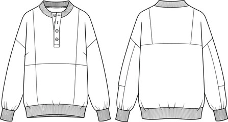 Unisex Oversized Henly Sweatshirt Technical Fashion Flat Sketch Template, Featuring Ribbed Stand Collar, Button Placket, Raglan Sleeves, and Ribbed Hem and Cuffs, Front and Back View Outline Drawing.