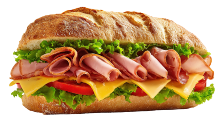 Ham and cheese salad submarine sandwich from freshly cut baguette