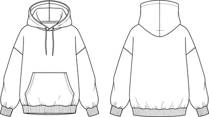 Unisex Oversized Hoodie Technical Fashion Drawing Vector Illustration Featuring Drawstring Hood, Kangaroo Pocket, Dropped Shoulders, Ribbed Trims, Front and Back View, Apparel Mockup.