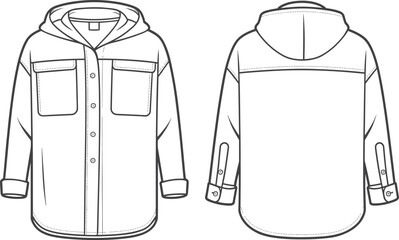 Unisex Oversized Hooded Shacket Technical Fashion Flat Sketch Template, Featuring Button-Down Front Closure, Chest Flap Pockets, Dropped Shoulders and Cuffed Sleeves, Front and Back