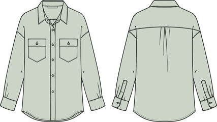 Unisex Oversized Long Sleeve Utility Shirt Technical Fashion Flat Sketch Template, Featuring Classic Collar, Flap Chest Pockets, and Dropped Shoulders, Front and Back View Outline Drawing.