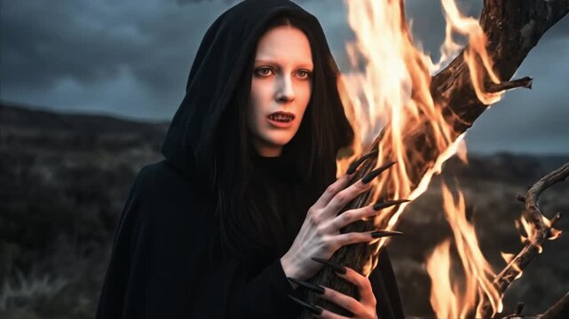 Young Vampire Woman in Black Robe Holding Burning Tree and Revealing Fangs in Agony - Dark Fantasy