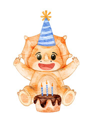 Happy baby triceratops with cake, and birthday hat. Watercolor illustration for nursery, and invitation card. © Zuanshi
