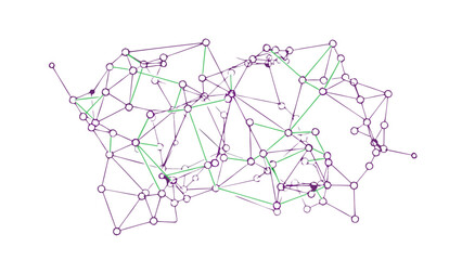 Abstract network visualization with interconnected nodes and lines in green and purple on a black background representing data flow and connectivity