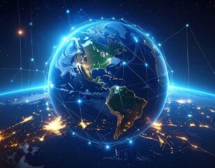 Earth's globe encircled by a network, illuminated, from space