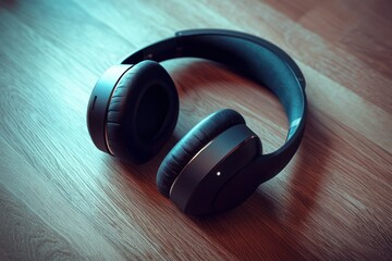 A sleek wireless headphone resting on a wooden surface