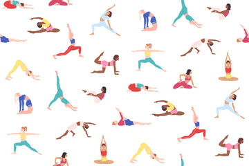 Naklejka premium Women do yoga Pilates exercises seamless pattern. Ethnically diverse girls in bright clothes doing fitness stretching meditation, sport training. Healthy wellness lifestyle vector boundless background