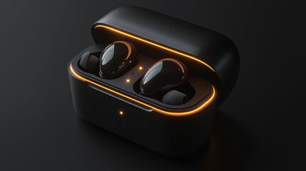 A sleek wireless earbud case with LED indicator glowing