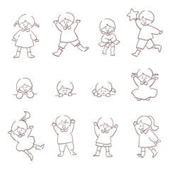 手書き風線画　飛んだり走ったりしている子ども達