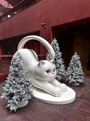 Cat statue with Christmas trees, Shanghai, China