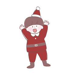 クリスマスを楽しみにしている子ども　手書き風イラスト　両手を挙げているサンタ衣装の男の子
