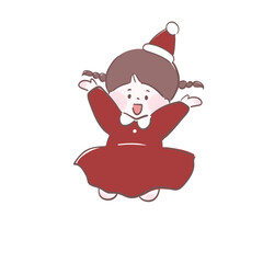 クリスマスを楽しみにしている子ども　手書き風イラスト　両手を広げて高く飛び跳ねている女の子