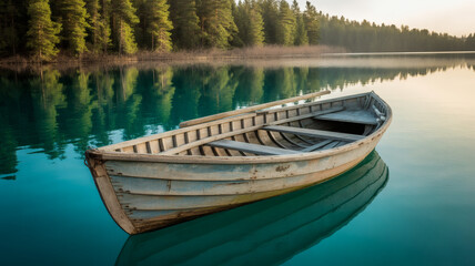 Barque en Bois au Bord d’un Lac Calme
