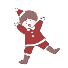 クリスマスを楽しみにしている子ども　手書き風イラスト　手を広げて飛び跳ねている男の子