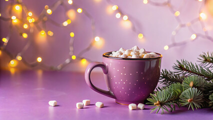 purple cappuccino cup with marshmallows and garlands