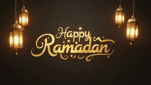 Golden Happy Ramadan greeting gold  text with glowing lantern, for corporate greeting 