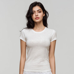 Obraz premium Minimalist portrait of a woman in a plain white t-shirt with a relaxed pose, perfect for lifestyle and fashion themes.