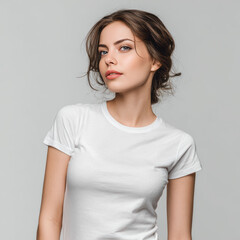 Obraz premium Minimalist portrait of a woman in a plain white t-shirt with a relaxed pose, perfect for lifestyle and fashion themes.