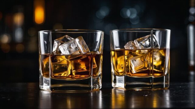 Two glasses of whiskey with ice cubes on a bar counter
