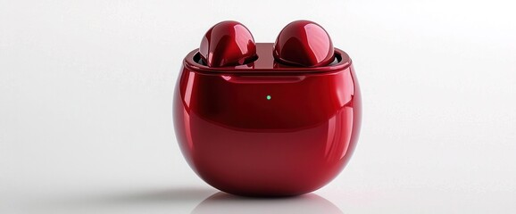A small cherry-shaped wireless earbud case with glossy red finish