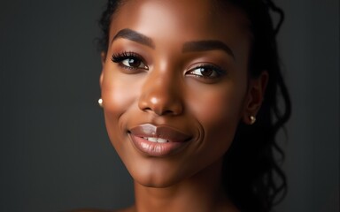 Close-up studio portrait of an African American woman, smooth radiant skin, confident expression, soft lighting highlighting facial contours, professional vibe. High quality