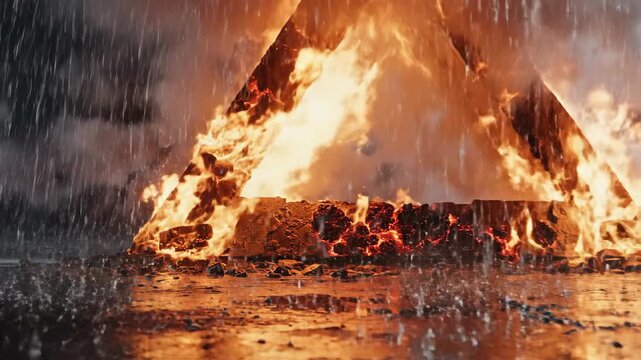 Intense fire with triangle structure burning under heavy rain, reflecting off surface