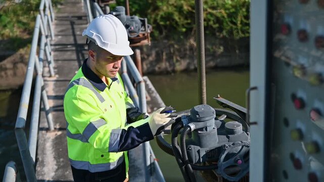 A specialist engineer is testing the water gate opening and closing system of a dam.