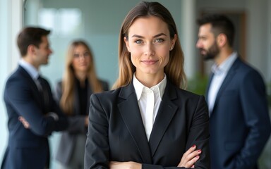 Serious confident young professional posing with arms crossed. Her male and female colleagues standing and talking in background. Business portrait concept. High quality