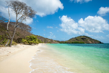 View of tropical white sand beach and Point Cistern on Carriacou, Grenada in the Caribbean