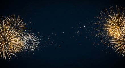 Golden Fireworks Display on Dark Blue Background with Sparkles