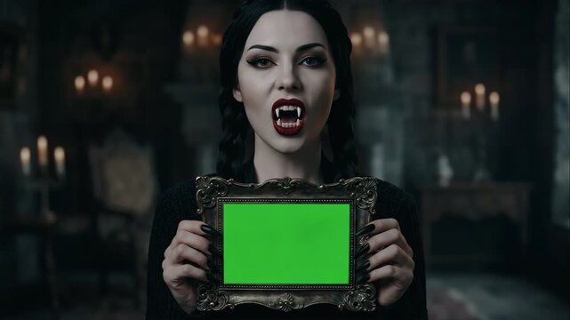 Pale Vampire Woman with Black Braids Holding Gothic Plate with Green Screen Chroma Key Area for Text