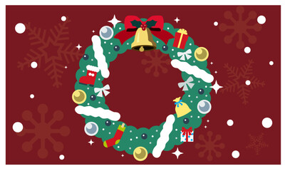 クリスマスリースのイラスト素材。飾り付けられたクリスマスリースと赤い背景と雪の結晶