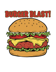Burger Blast Retro Graphic.Classic Cheeseburger Artwork.Hand Drawn Fast Food Art.Vintage Diner Style Burger.Tasty Hamburger Illustration