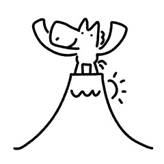 富士山の上で万歳する馬キャラクターと初日の出のラインアート　モノクロ