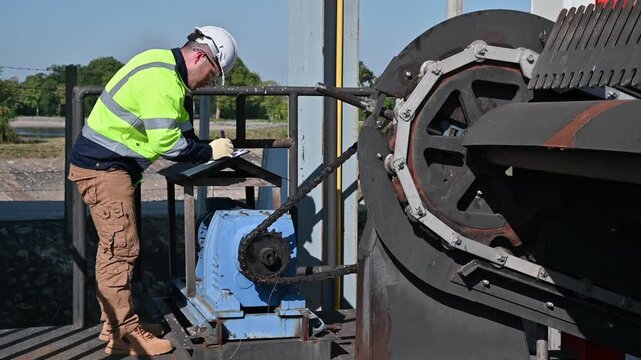 A skilled inspector is inspecting the gears of a large waste scoop at a water treatment plant.