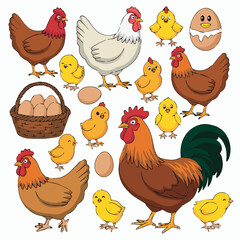 Chicken hen rooster chicks and eggs vector illustration farm animals poultry design graphic isolated on white 100