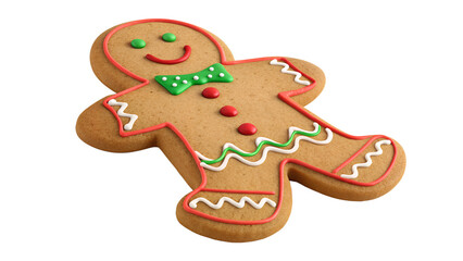 Gingerbread man cookie with green bow tie isolated on transparent background isolated on white background