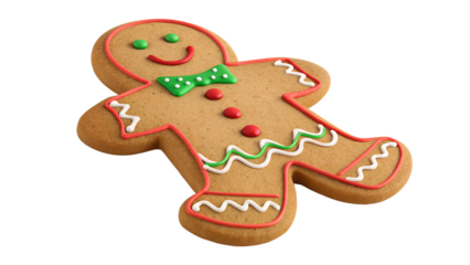 Gingerbread man cookie with green bow tie isolated on transparent background isolated on white background