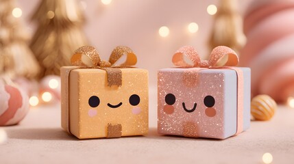 Adorable New Year gift boxes with smiling faces, floating sparkles, pastel cute composition, 16:9.