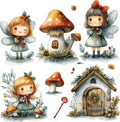 Cartoon illustration set of a cute little girl and boy with a snowman and Christmas tree celebrating a fun winter holiday in the forest featuring gifts and stars