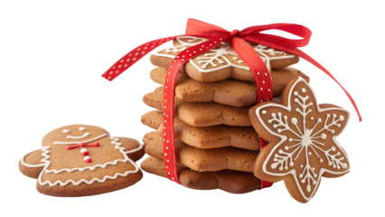 Stack of star shaped gingerbread cookies tied with red ribbon isolated on black background isolated on white background isolated on transparent background
