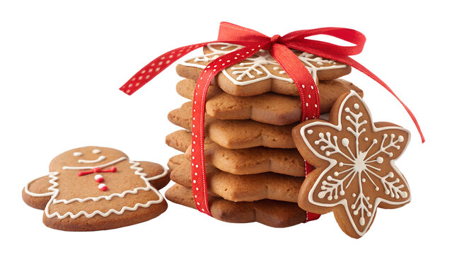 Stack of star shaped gingerbread cookies tied with red ribbon isolated on black background isolated on white background isolated on transparent background