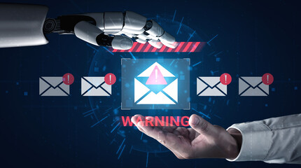 A robot hand interacts with a human hand over a digital warning alert concerning email threats, highlighting the importance of cybersecurity in modern communication. Gantry