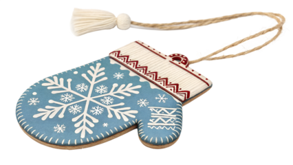 Handmade christmas mitten ornament with snowflake design isolated on transparent background isolated on white background