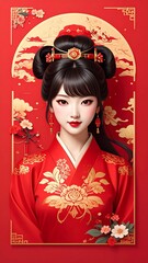 Elegant woman in red dress, hair updo, golden accents, lunar backdrop