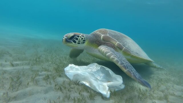 A sea turtle swims near a discarded plastic bag on the sandy ocean floor, highlighting marine pollution.